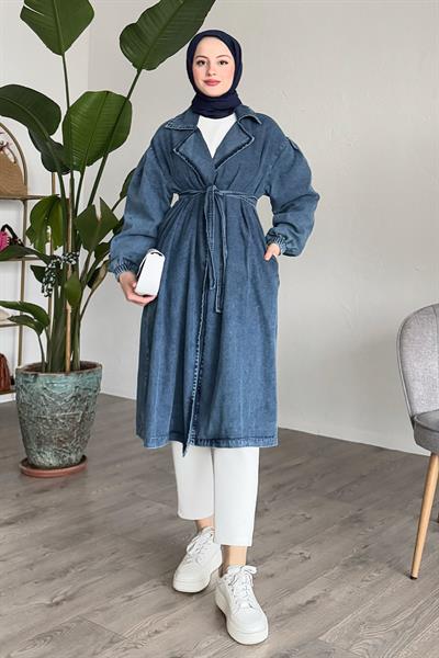 Kuşaklı Kot Mavi Kap