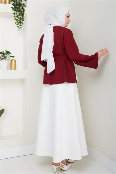 Kuşaklı Tek Düğmeli Double Kimono Bordo