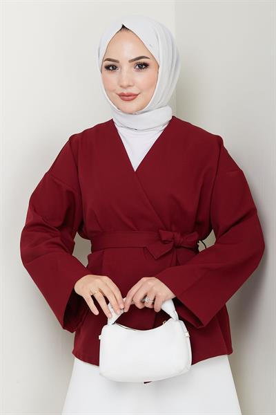 Kuşaklı Tek Düğmeli Double Kimono Bordo