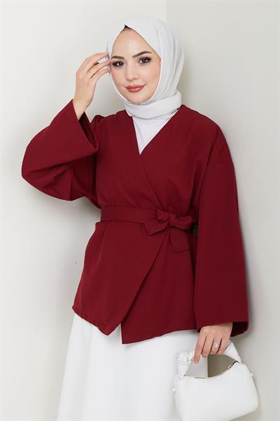 Kuşaklı Tek Düğmeli Double Kimono Bordo