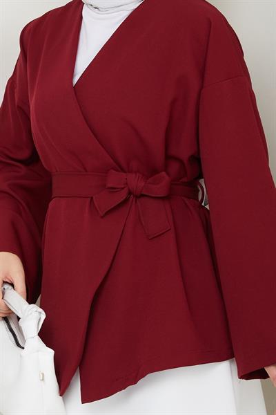 Kuşaklı Tek Düğmeli Double Kimono Bordo