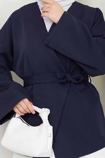 Kuşaklı Tek Düğmeli Double Kimono Lacivert