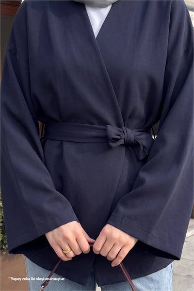 Kuşaklı Tek Düğmeli Double Kimono Lacivert