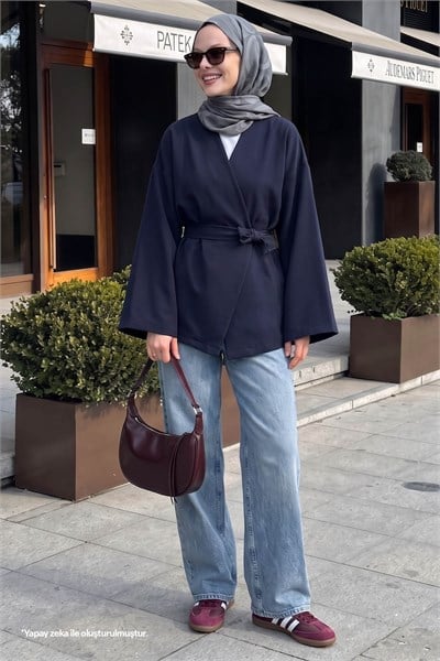 Kuşaklı Tek Düğmeli Double Kimono Lacivert