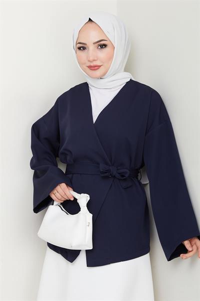 Kuşaklı Tek Düğmeli Double Kimono Lacivert