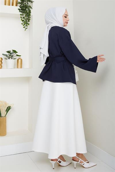 Kuşaklı Tek Düğmeli Double Kimono Lacivert