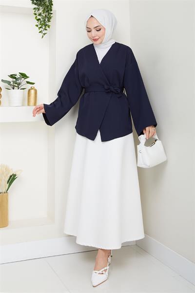 Kuşaklı Tek Düğmeli Double Kimono Lacivert