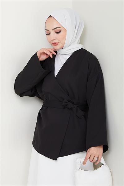 Kuşaklı Tek Düğmeli Double Kimono Siyah