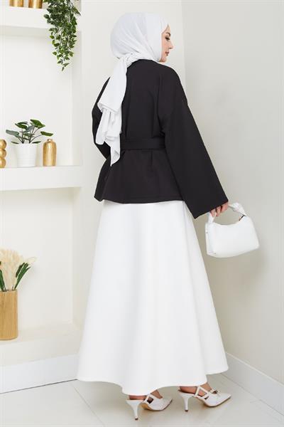 Kuşaklı Tek Düğmeli Double Kimono Siyah
