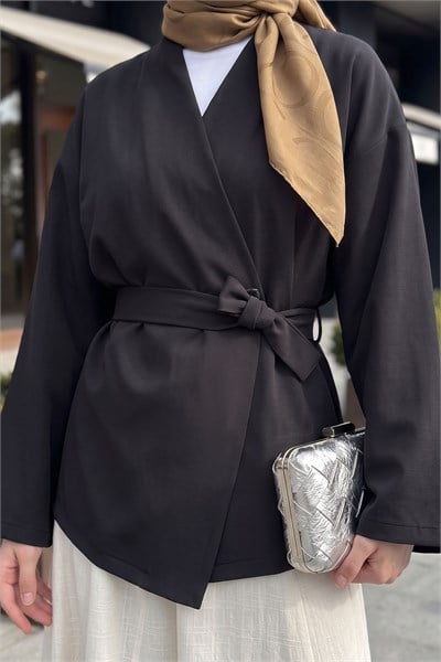 Kuşaklı Tek Düğmeli Double Kimono Siyah