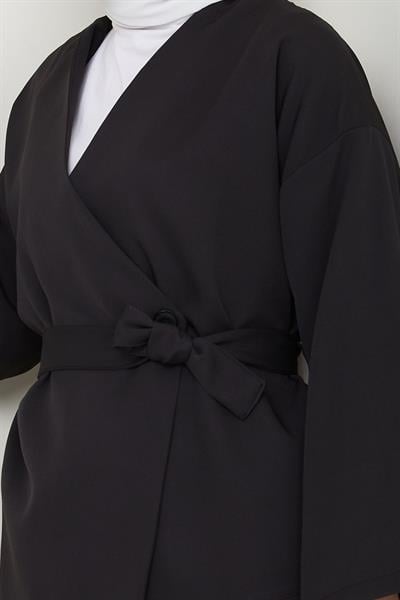 Kuşaklı Tek Düğmeli Double Kimono Siyah