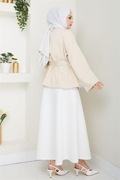 Kuşaklı Tek Düğmeli Double Kimono Taş