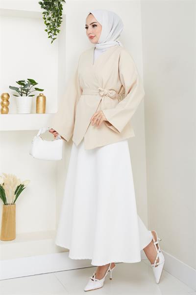 Kuşaklı Tek Düğmeli Double Kimono Taş