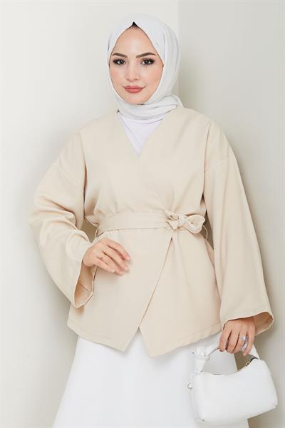 Kuşaklı Tek Düğmeli Double Kimono Taş