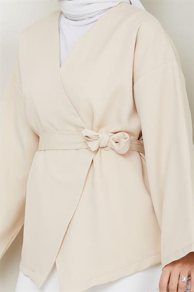 Kuşaklı Tek Düğmeli Double Kimono Taş