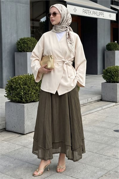 Kuşaklı Tek Düğmeli Double Kimono Taş