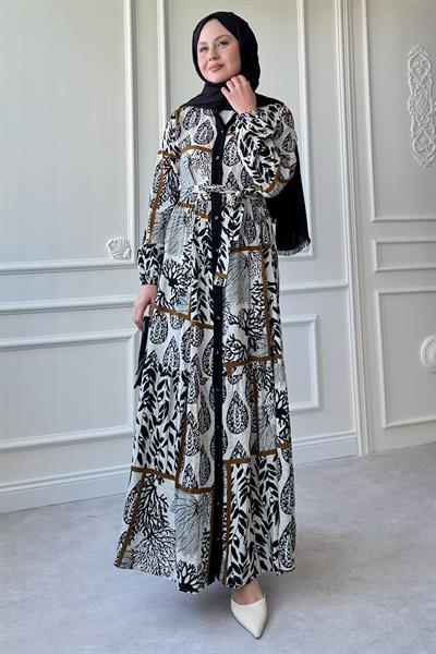 Kuşaklı Yaprak Desen Renkli Patlı Siyah Viskon Elbise