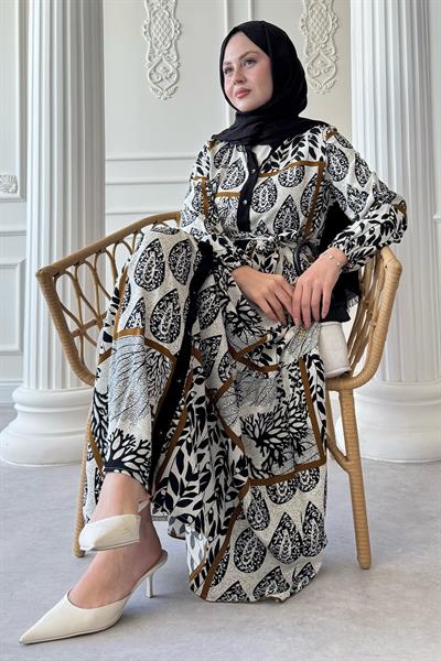 Kuşaklı Yaprak Desen Renkli Patlı Siyah Viskon Elbise