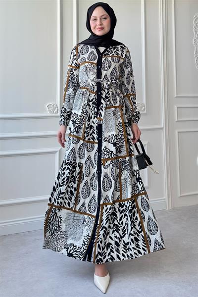 Kuşaklı Yaprak Desen Renkli Patlı Siyah Viskon Elbise