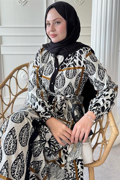 Kuşaklı Yaprak Desen Renkli Patlı Siyah Viskon Elbise