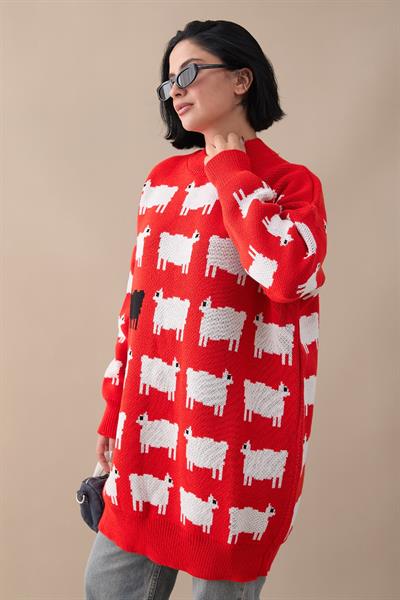 Kuzu Desen Triko Kazak - Kırmızı