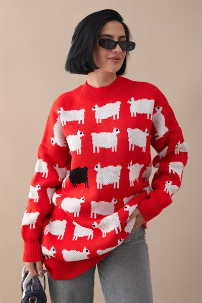 Kuzu Desen Triko Kazak - Kırmızı