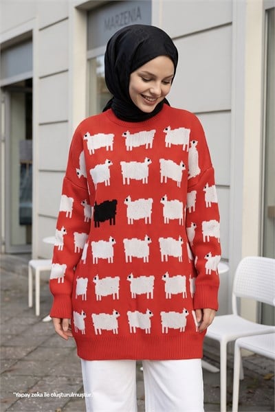 Patterned Knit Sweater - Red