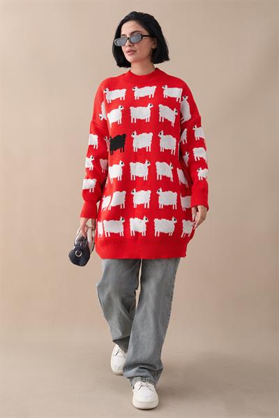 Kuzu Desen Triko Kazak - Kırmızı