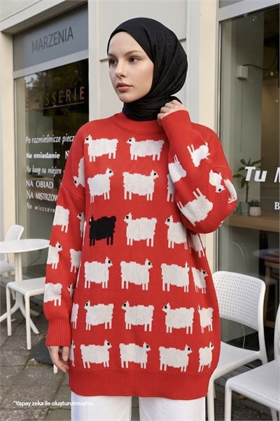 Patterned Knit Sweater - Red