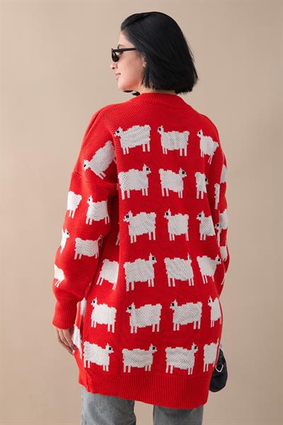 Kuzu Desen Triko Kazak - Kırmızı