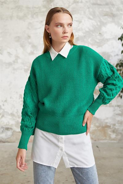 Larisa Balon Kol Triko Kısa Kazak - Yeşil