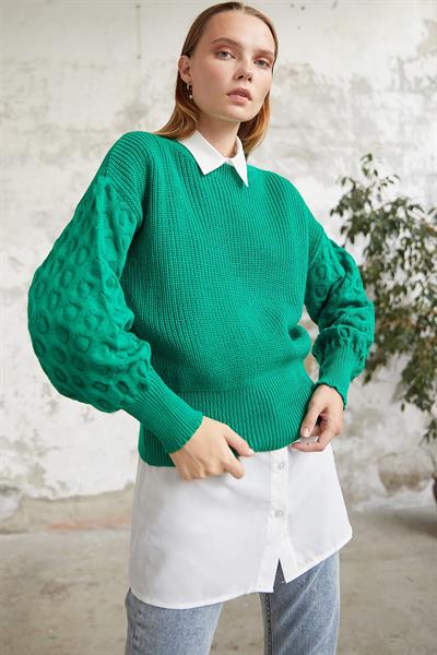 Larisa Balon Kol Triko Kısa Kazak - Yeşil