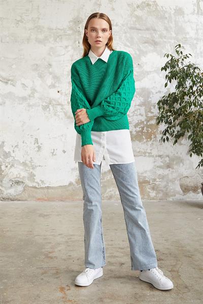 Larisa Balon Kol Triko Kısa Kazak - Yeşil