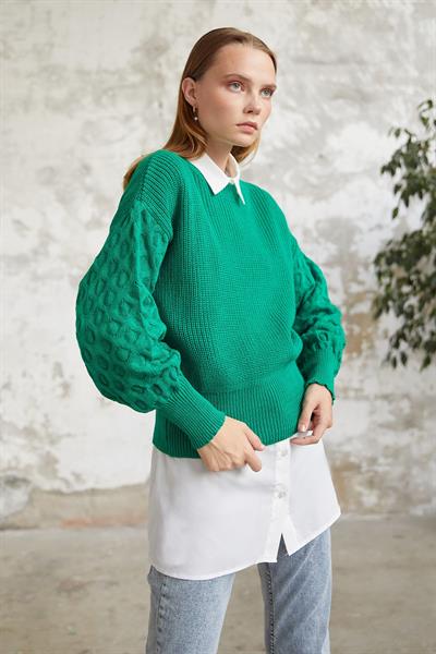 Larisa Balon Kol Triko Kısa Kazak - Yeşil