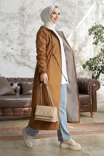 Layisa Çizgili Desenli Beli Büzgü Trenç - Taba