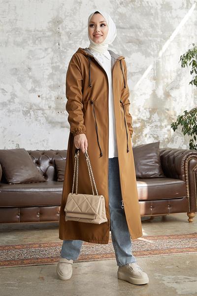 Layisa Çizgili Desenli Beli Büzgü Trenç - Taba