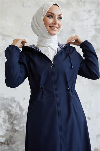 Layisa Çizgili Desenli Beli Büzgü Trenç - Lacivert