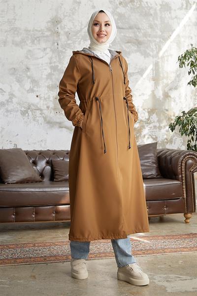 Layisa Çizgili Desenli Beli Büzgü Trenç - Taba