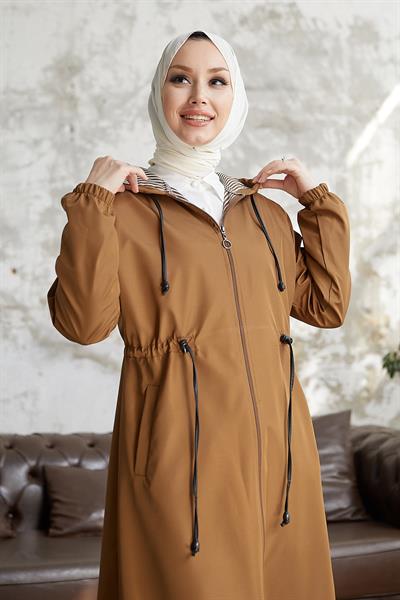 Layisa Çizgili Desenli Beli Büzgü Trenç - Taba