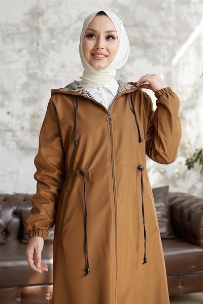 Layisa Çizgili Desenli Beli Büzgü Trenç - Taba