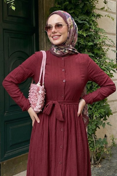 Lemina Kuşaklı Elbise - Bordo