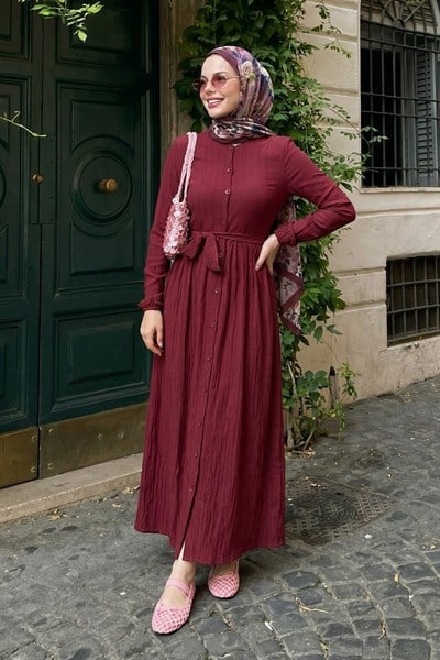 Lemina Kuşaklı Elbise - Bordo