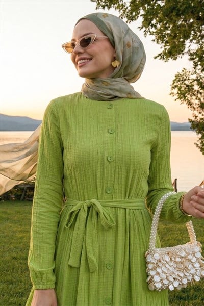 Lemina Kuşaklı Elbise - Fıstık Yeşili