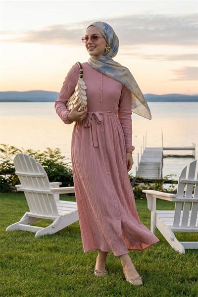 Lemina Kuşaklı Elbise - Gül Kurusu