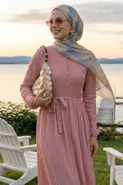 Lemina Kuşaklı Elbise - Gül Kurusu