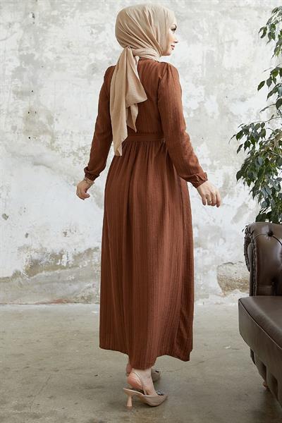 Lemina Kuşaklı Elbise - Kahverengi