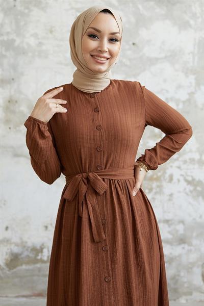 Lemina Kuşaklı Elbise - Kahverengi