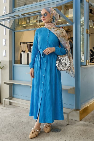 Lemina Kuşaklı Elbise - Mavi