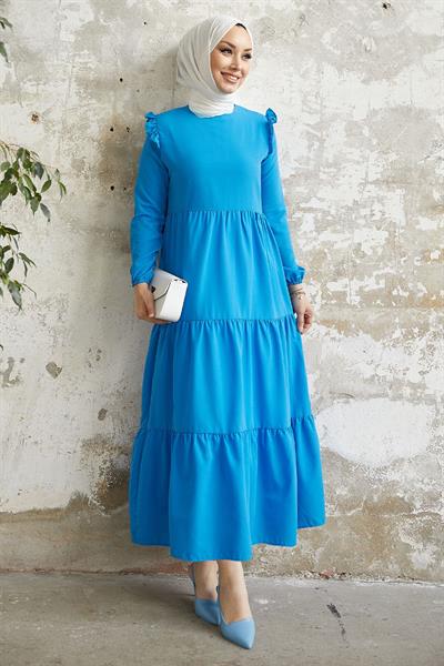 Lenia Omuzu Fırfır Elbise - Mavi