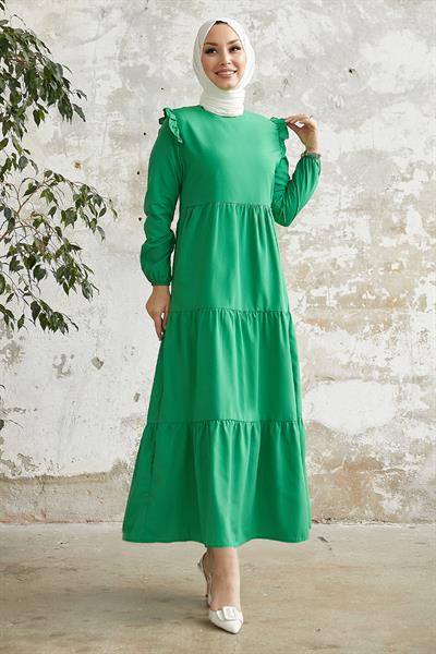 Lenia Omuzu Fırfır Elbise - Yeşil